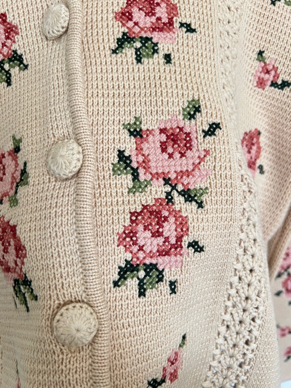 Sezane Cream Floral Knit Button-Front Women's Sweater - Picture 8 of 14